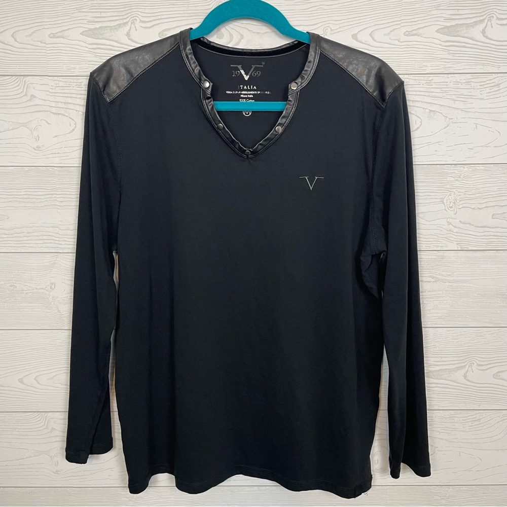 Versace Collection Black Long Sleeve V-Neck Top Leather Accents Size M